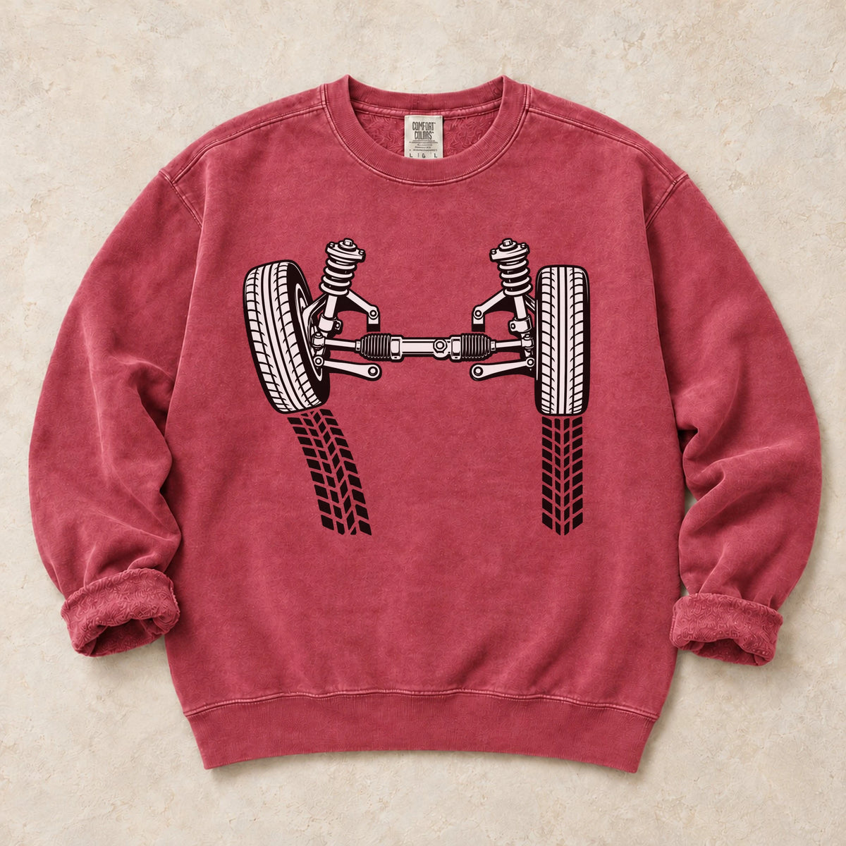 Crimson garment-dyed crewneck sweatshirt with Camber Geometry wheel fitment design