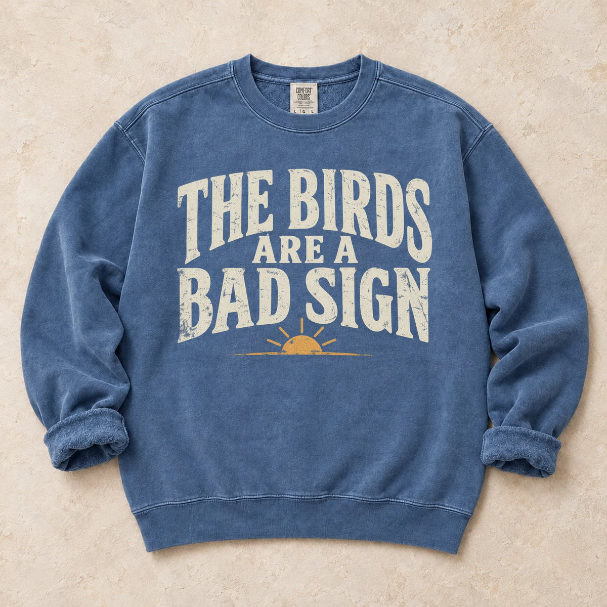 Blue Jean gaming sweatshirt. A sunrise warns late-night gamers the birds are a bad sign.