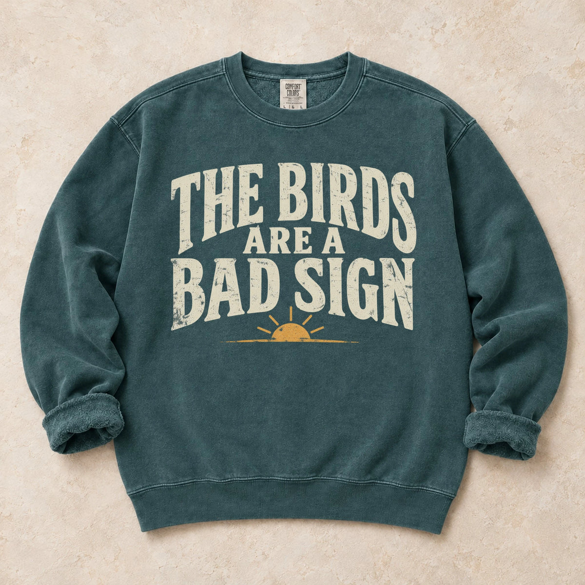 Blue Spruce gaming sweatshirt. A sunrise warns late-night gamers the birds are a bad sign.