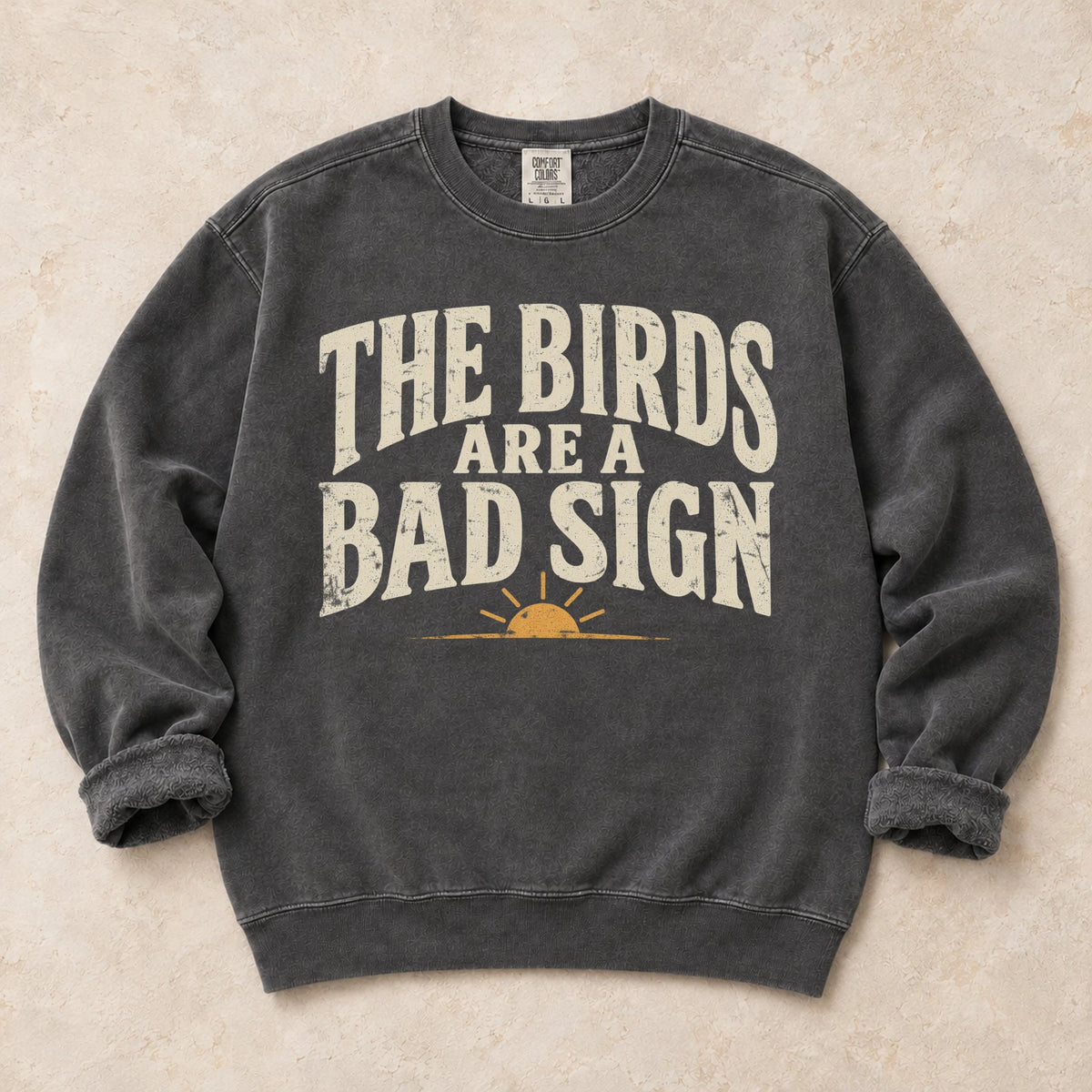 Pepper gaming sweatshirt. A sunrise warns late-night gamers the birds are a bad sign.