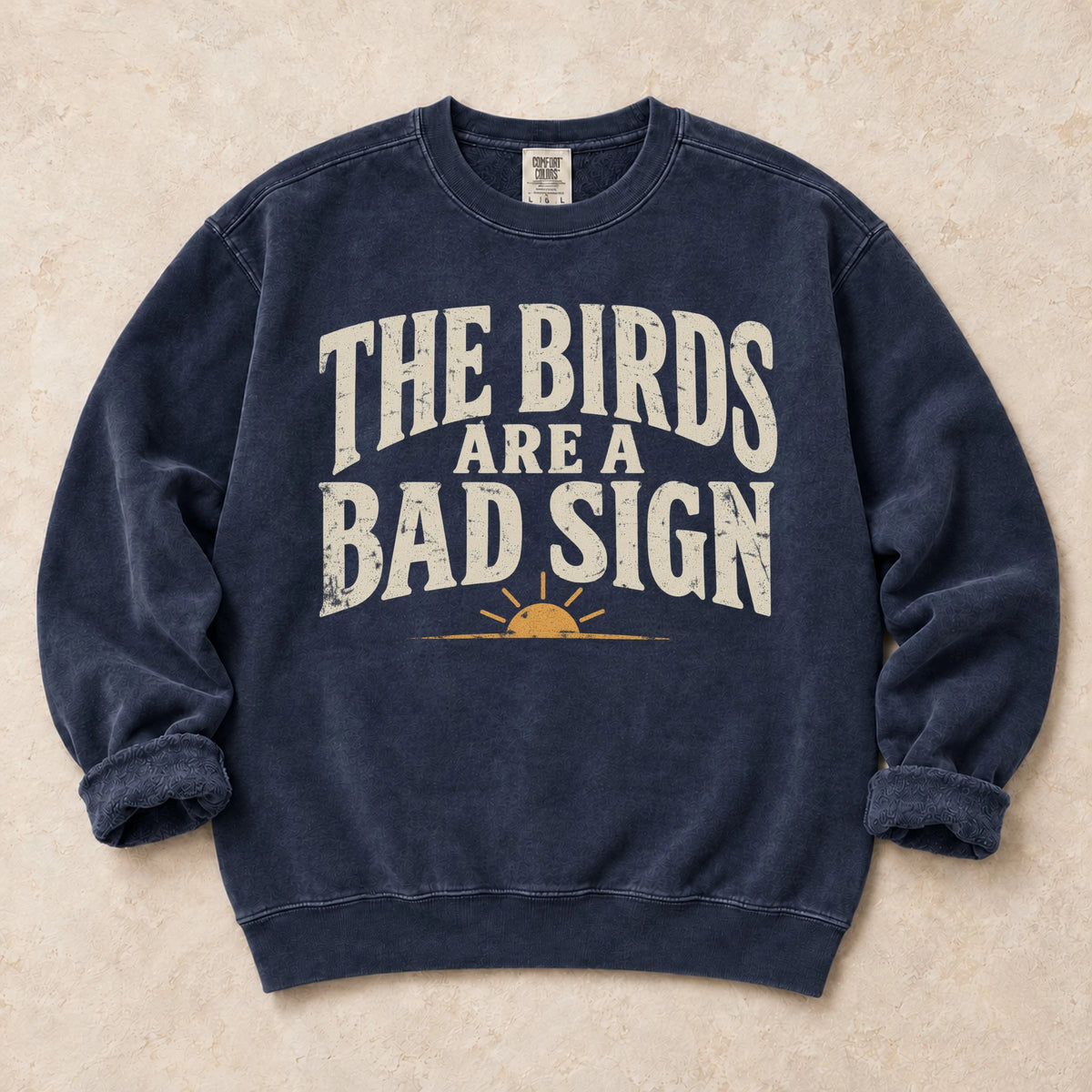 True Navy gaming sweatshirt. A sunrise warns late-night gamers the birds are a bad sign.