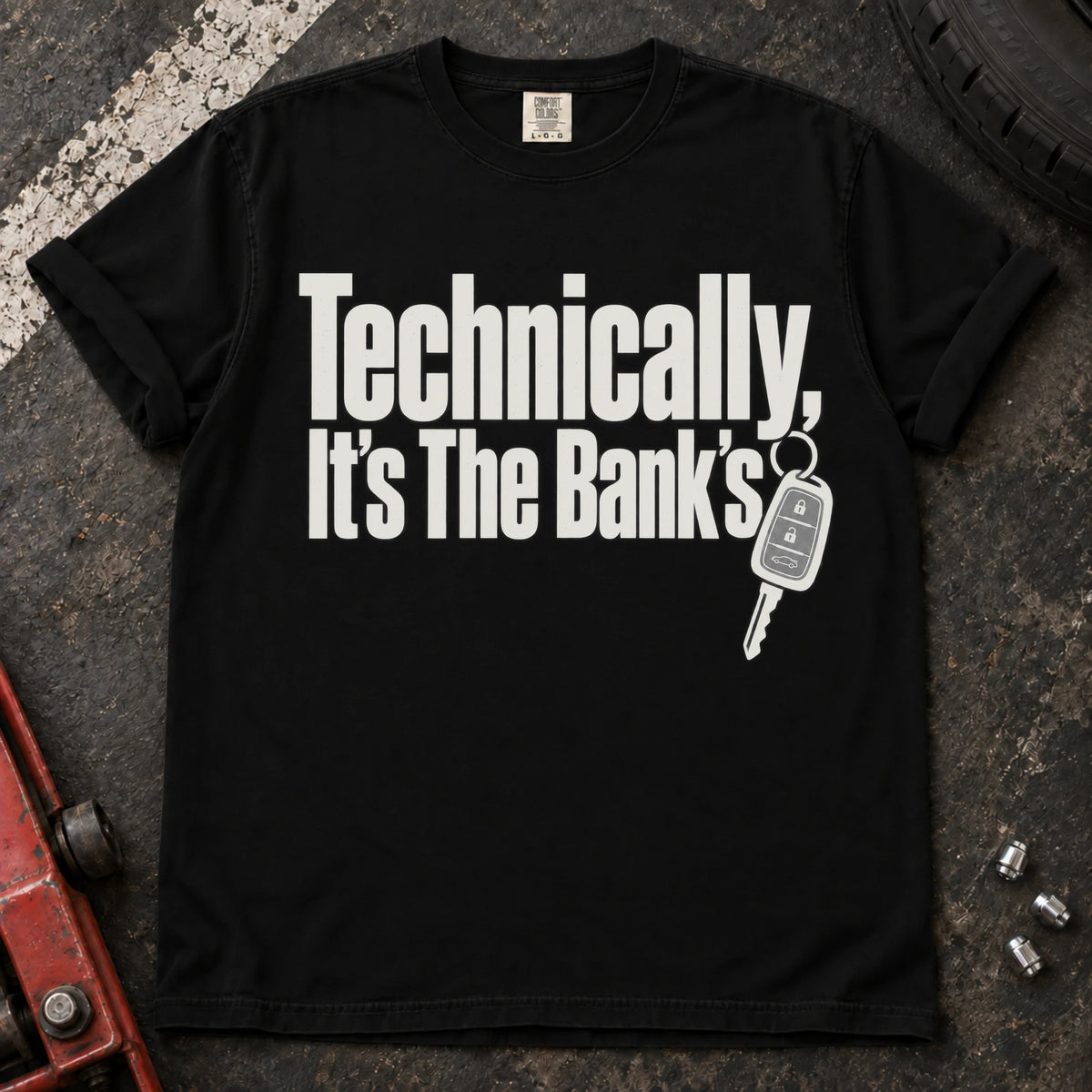Black car enthusiast T-shirt. A key backs technically, it's the bank's.