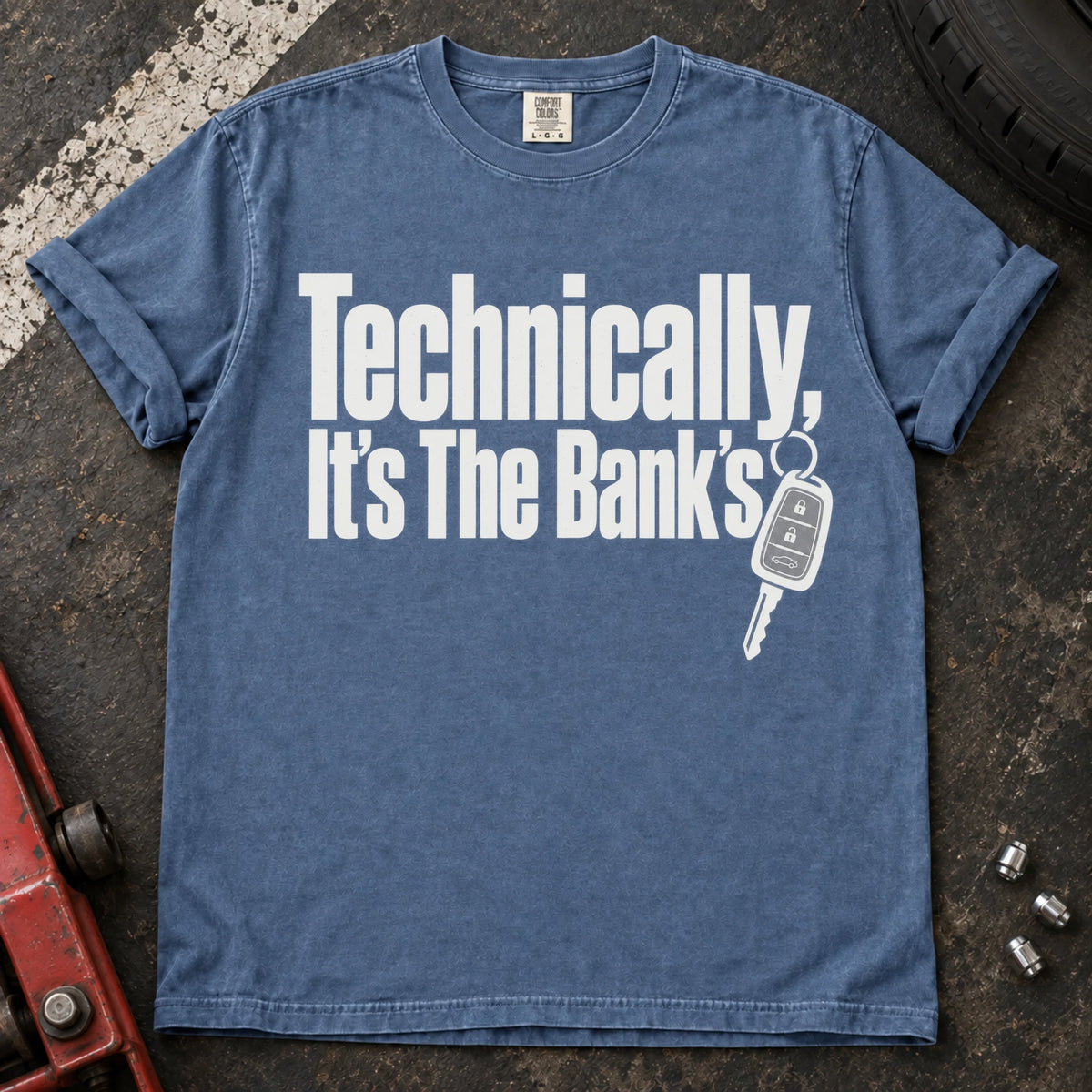 Blue Jean car enthusiast T-shirt. A key backs technically, it's the bank's.