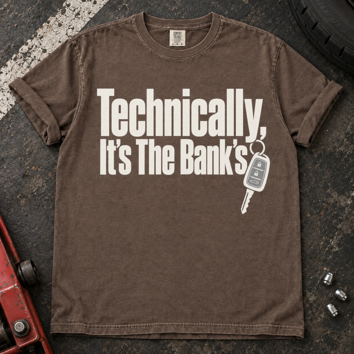 Espresso car enthusiast T-shirt. A key backs technically, it's the bank's.