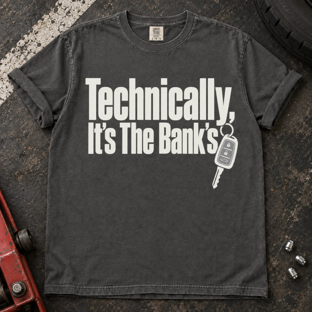 Pepper car enthusiast T-shirt. A key backs technically, it's the bank's.