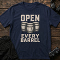 Navy gaming T-shirt. Three wooden barrels remind explorers to open every barrel.