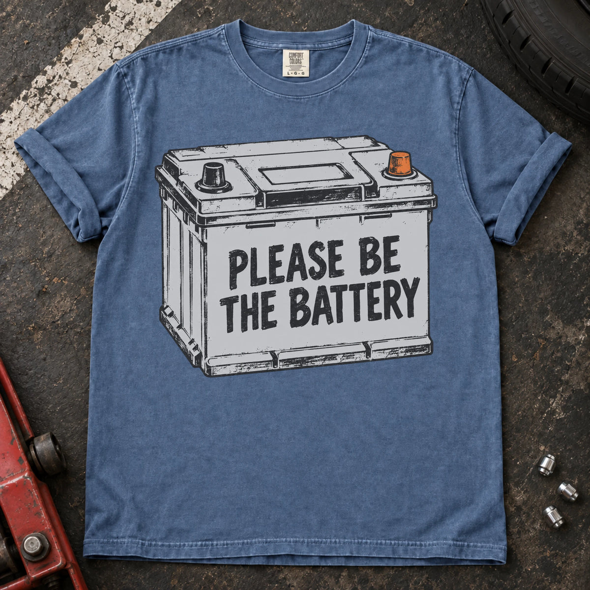 Blue Jean car enthusiast T-shirt. A battery illustration carries the hopeful plea, please be the battery.