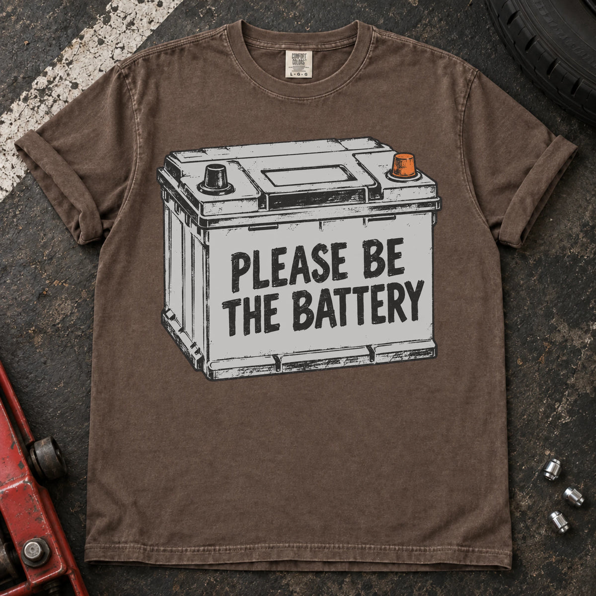 Espresso car enthusiast T-shirt. A battery illustration carries the hopeful plea, please be the battery.
