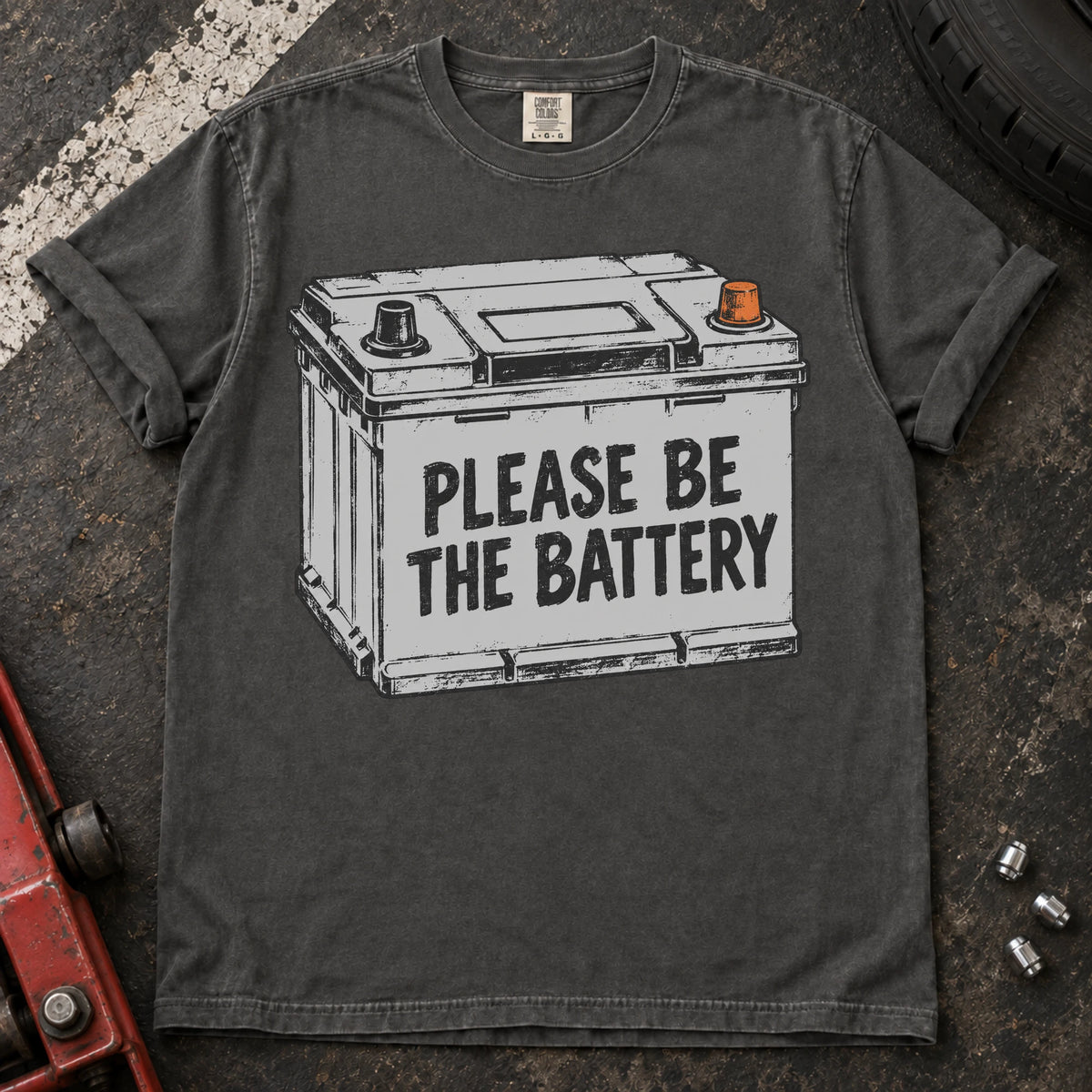 Pepper car enthusiast T-shirt. A battery illustration carries the hopeful plea, please be the battery.