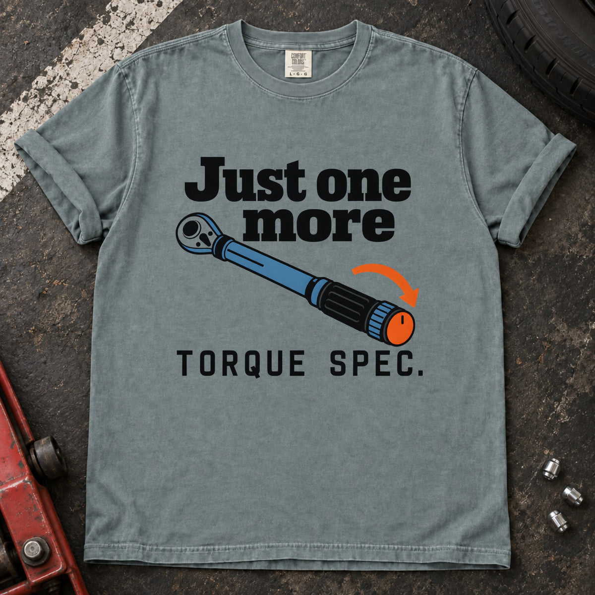 Bay T-shirt showing a blue torque wrench and orange arrow with 'Just one more torque spec'.