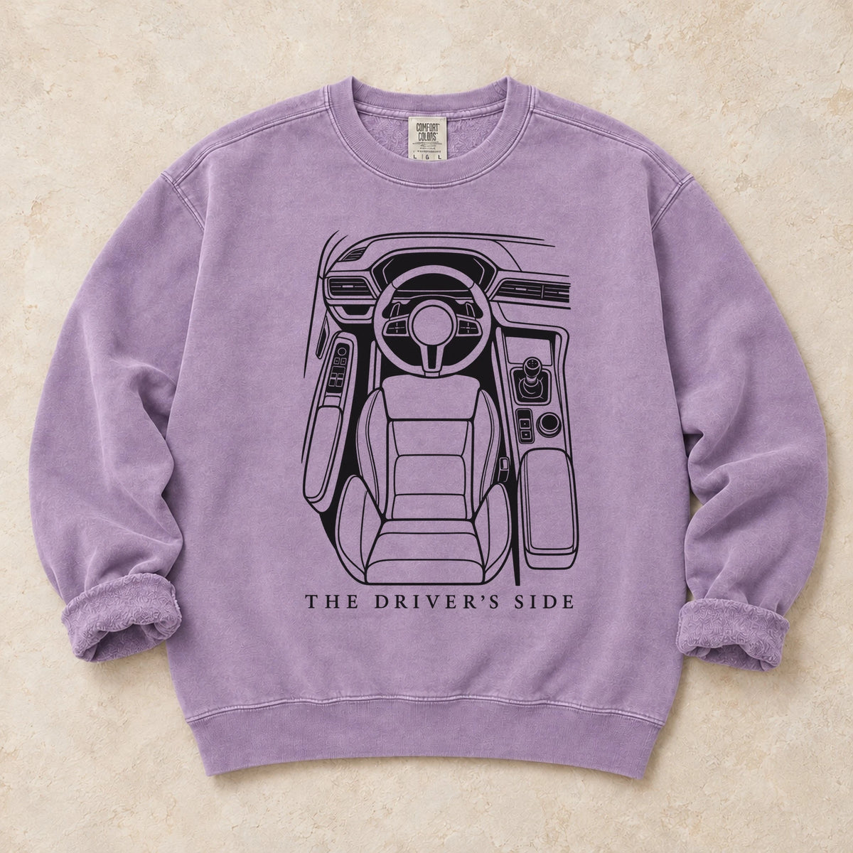 Orchid garment-dyed crewneck sweatshirt with Cockpit Command driver humor design