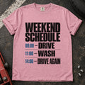Blossom T-shirt listing a weekend schedule: '08:00 Drive, 11:00 Wash, 14:00 Drive again'.