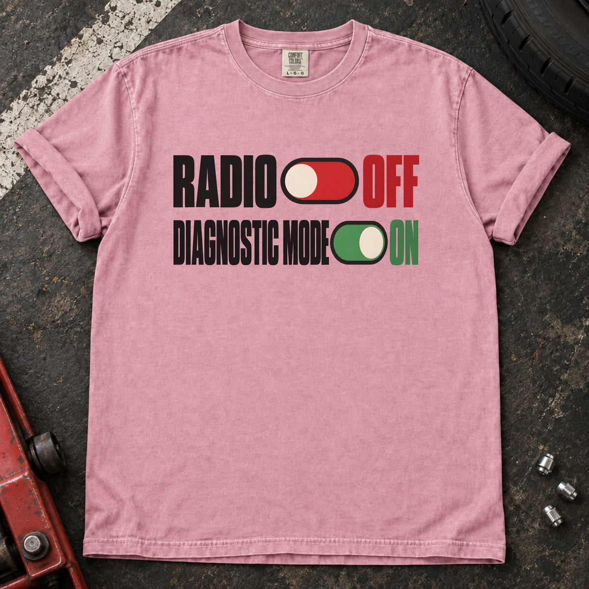 Blossom T-shirt with toggle switches labeled 'Radio off' and 'Diagnostic mode on'.