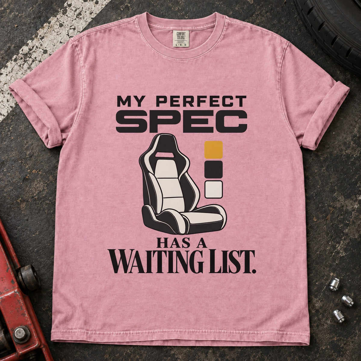 Blossom T-shirt showing a car seat and color swatches with 'My perfect spec has a waiting list'.