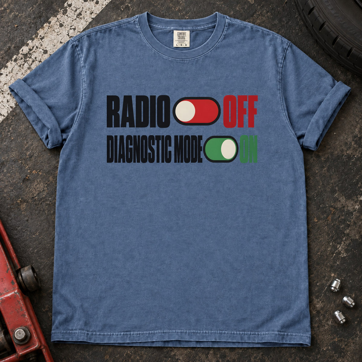Blue Jean T-shirt with toggle switches labeled 'Radio off' and 'Diagnostic mode on'.