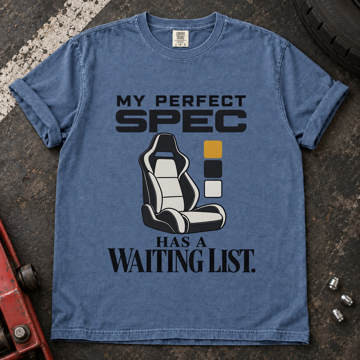 Blue Jean T-shirt showing a car seat and color swatches with 'My perfect spec has a waiting list'.