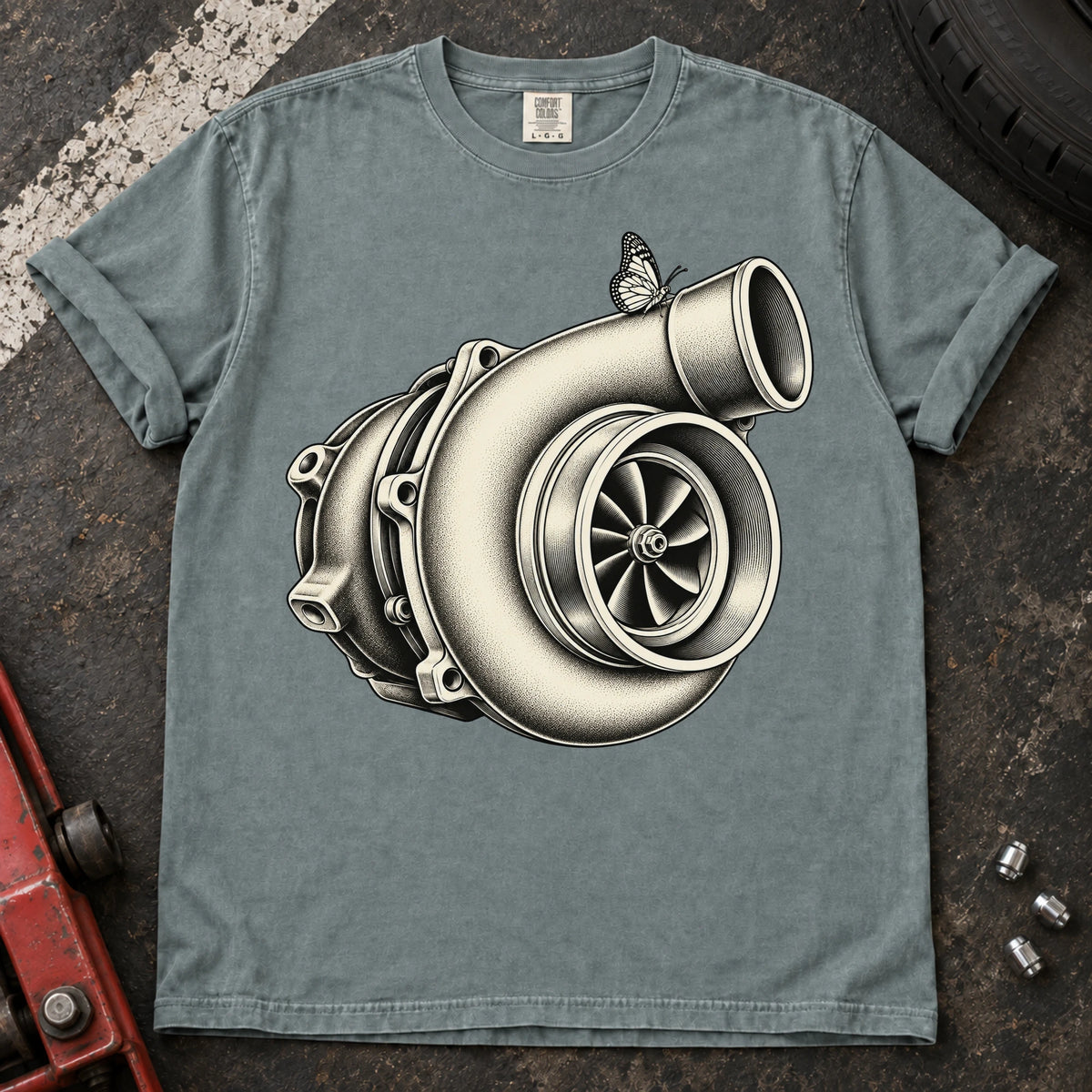 Bay car enthusiast T-shirt. A detailed turbocharger becomes the centerpiece of a text-free engine graphic.
