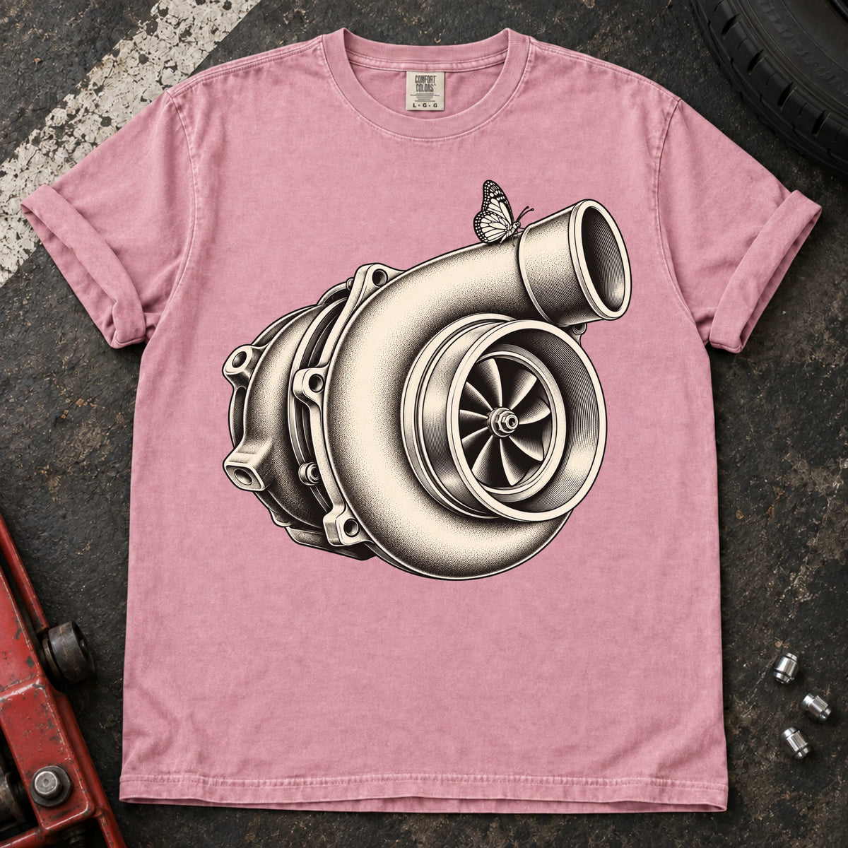 Blossom car enthusiast T-shirt. A detailed turbocharger becomes the centerpiece of a text-free engine graphic.