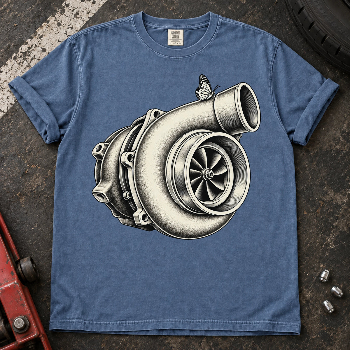 Blue Jean car enthusiast T-shirt. A detailed turbocharger becomes the centerpiece of a text-free engine graphic.