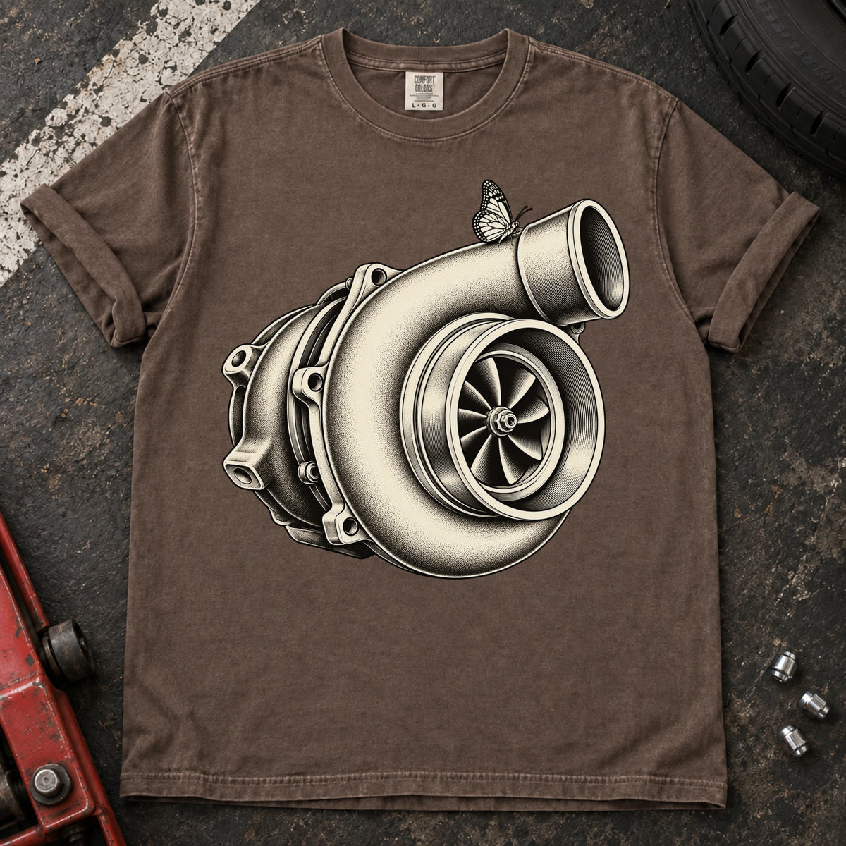 Espresso car enthusiast T-shirt. A detailed turbocharger becomes the centerpiece of a text-free engine graphic.