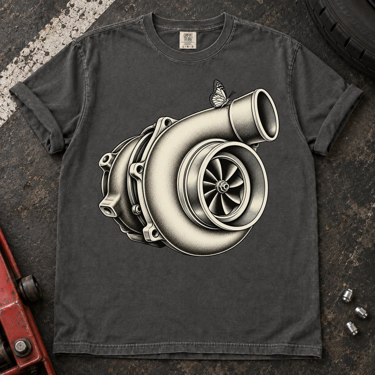 Pepper car enthusiast T-shirt. A detailed turbocharger becomes the centerpiece of a text-free engine graphic.