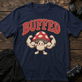Navy gaming T-shirt. A mushroom flexes its muscles beneath Buffed lettering.