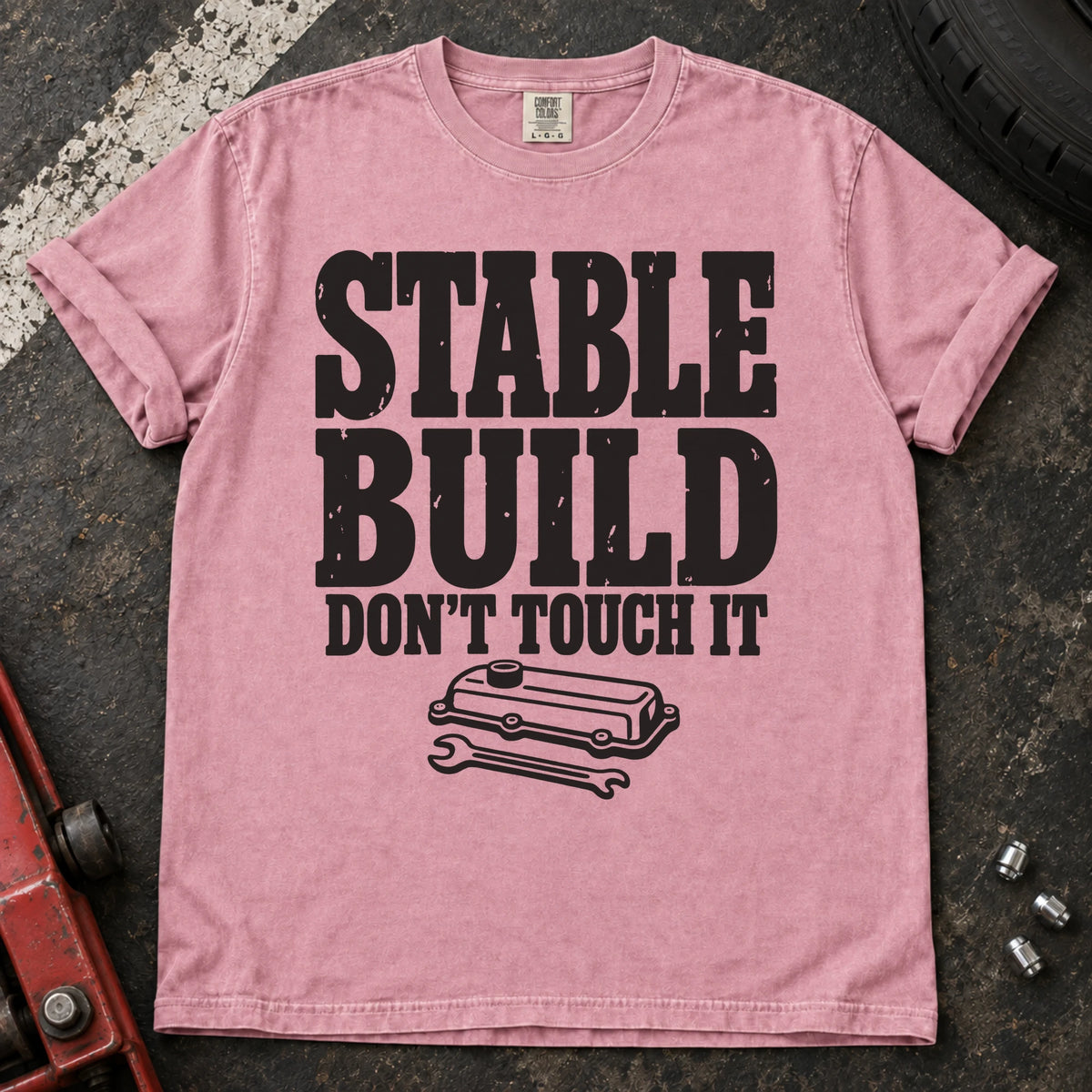 Blossom car enthusiast T-shirt. A valve cover and wrench mark a stable build, don't touch it.