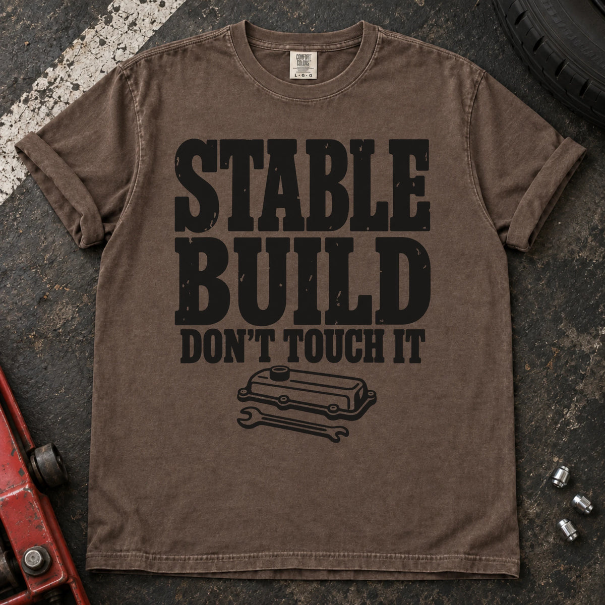 Espresso car enthusiast T-shirt. A valve cover and wrench mark a stable build, don't touch it.