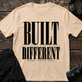 Natural gaming T-shirt. Built Different lettering follows a patience, practice, repeat mantra.