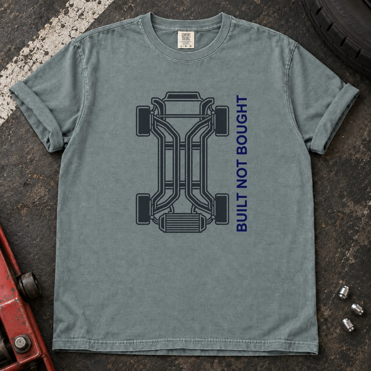 Bay car enthusiast T-shirt. A chassis outline celebrates built, not bought.