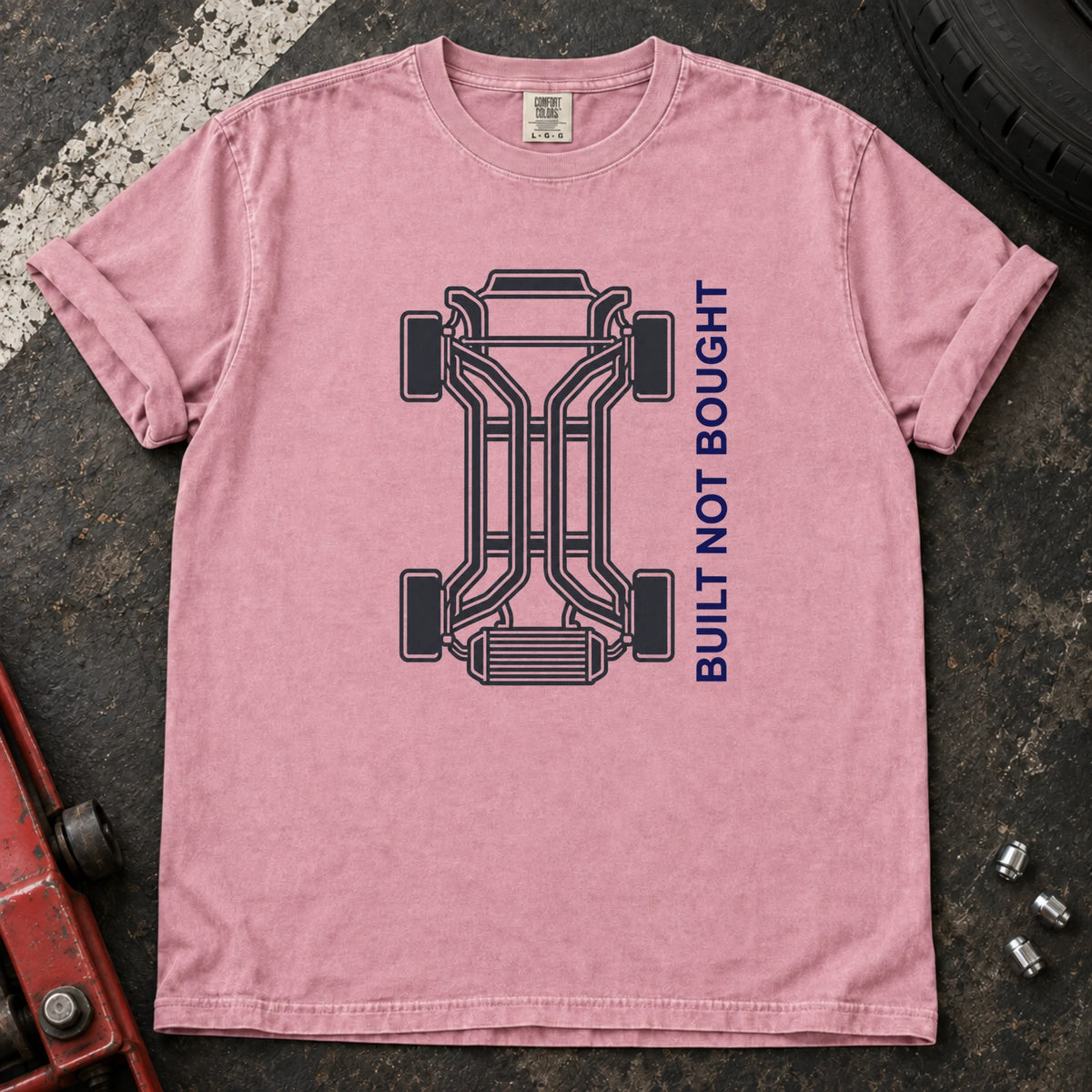 Blossom car enthusiast T-shirt. A chassis outline celebrates built, not bought.
