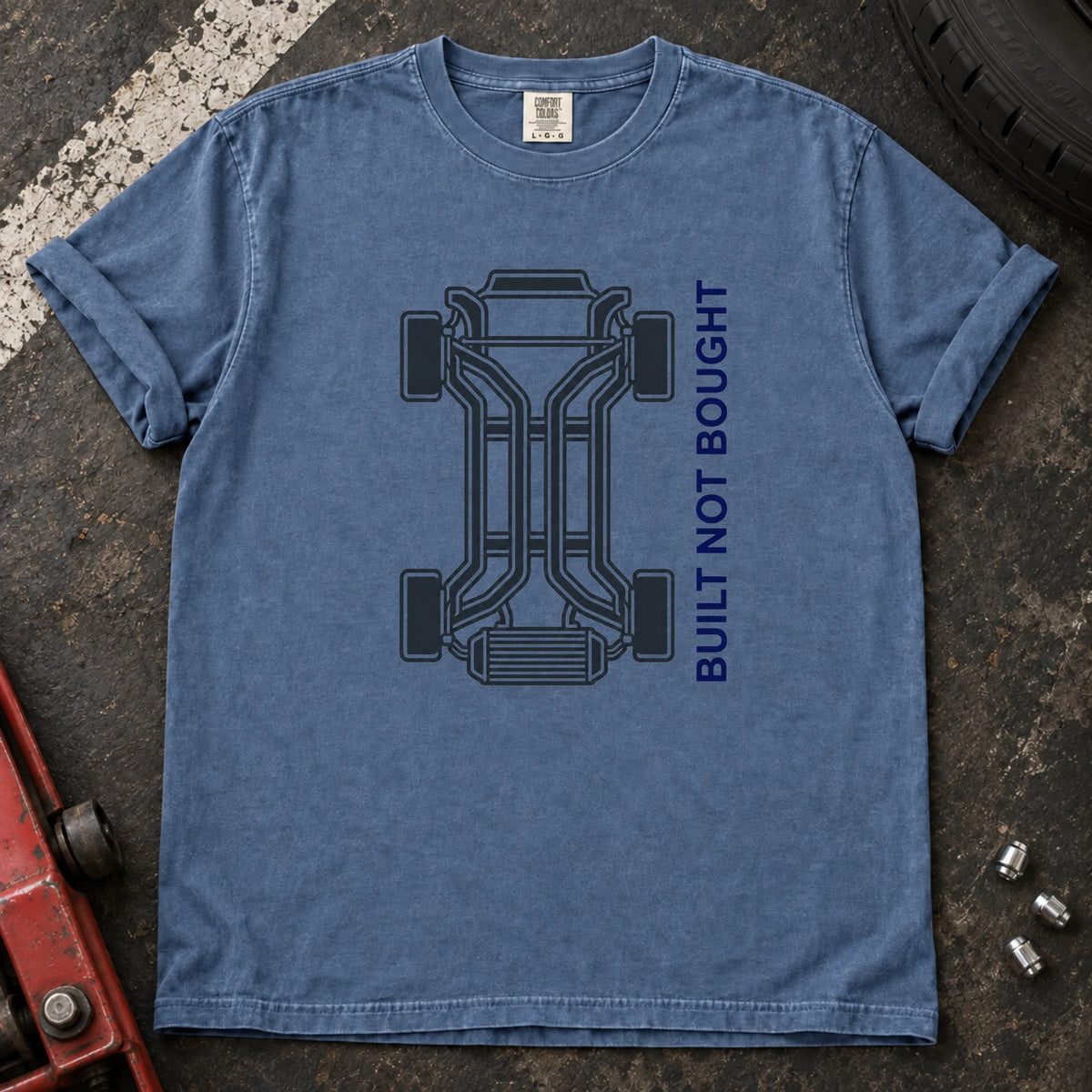 Blue Jean car enthusiast T-shirt. A chassis outline celebrates built, not bought.