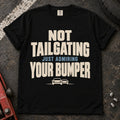 Black car enthusiast T-shirt. Not tailgating, just admiring your bumper, with two tiny cars.