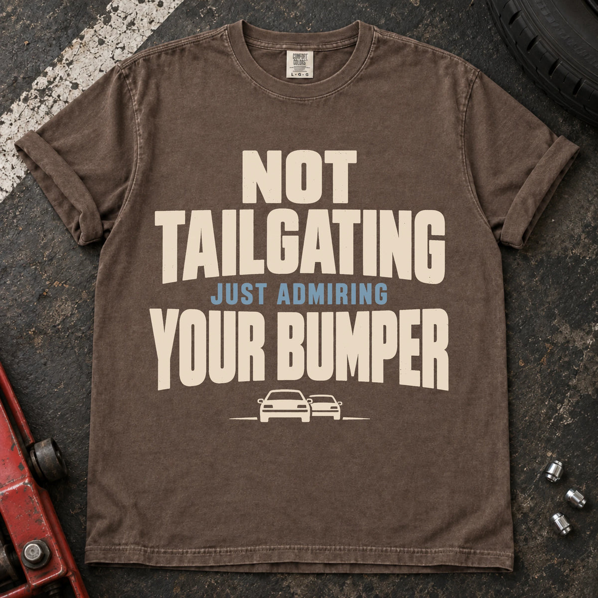 Espresso car enthusiast T-shirt. Not tailgating, just admiring your bumper, with two tiny cars.
