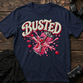 Navy gaming T-shirt. A burst drink can makes a busted build splash across the design.