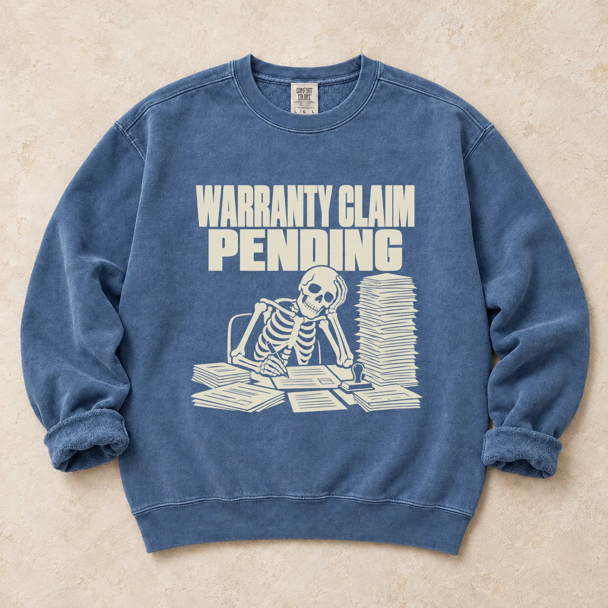 Blue Jean garment-dyed crewneck sweatshirt with Warranty Queue mechanic humor design