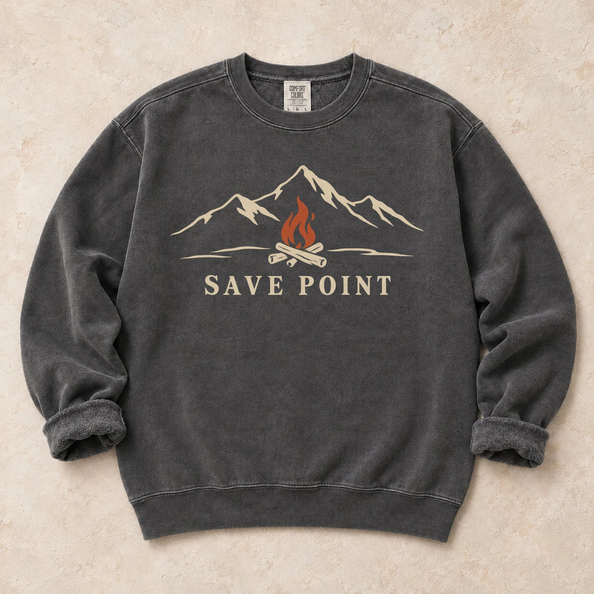 Pepper gaming sweatshirt. A mountain campfire becomes a quiet save point.