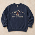 True Navy gaming sweatshirt. A mountain campfire becomes a quiet save point.