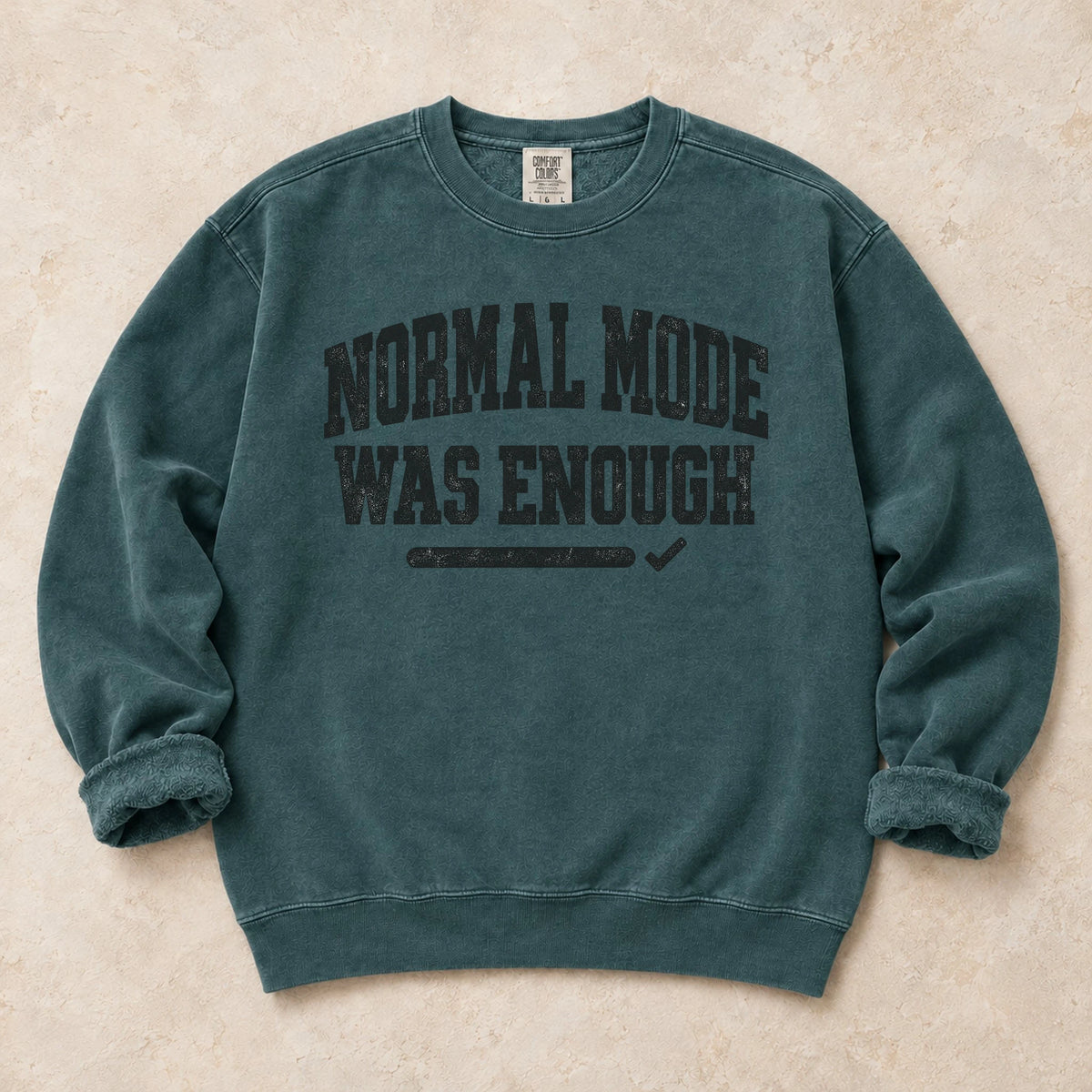 Blue Spruce gaming sweatshirt. Normal mode was enough, in understated gamer typography.