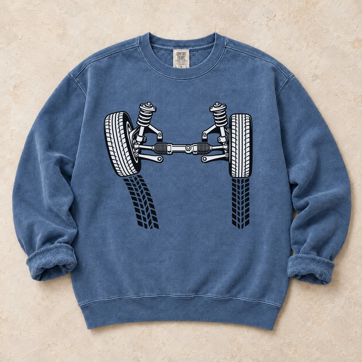 Blue Jean garment-dyed crewneck sweatshirt with Camber Geometry wheel fitment design