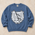 Blue Jean garment-dyed crewneck sweatshirt with Housing Crisis car repair design