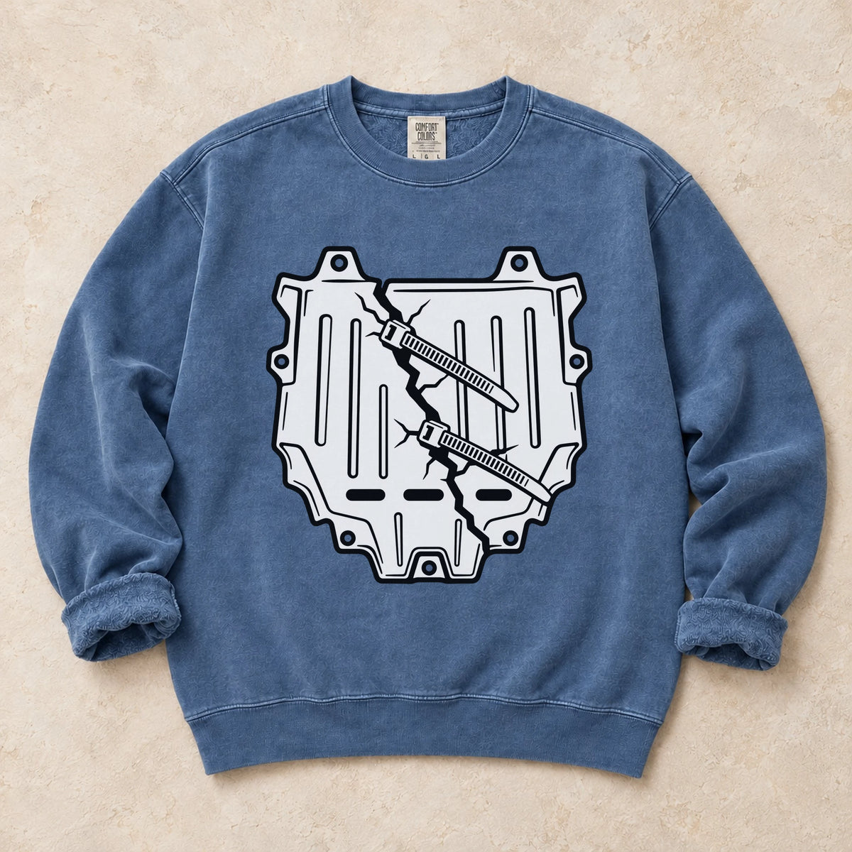 Blue Jean garment-dyed crewneck sweatshirt with Housing Crisis car repair design