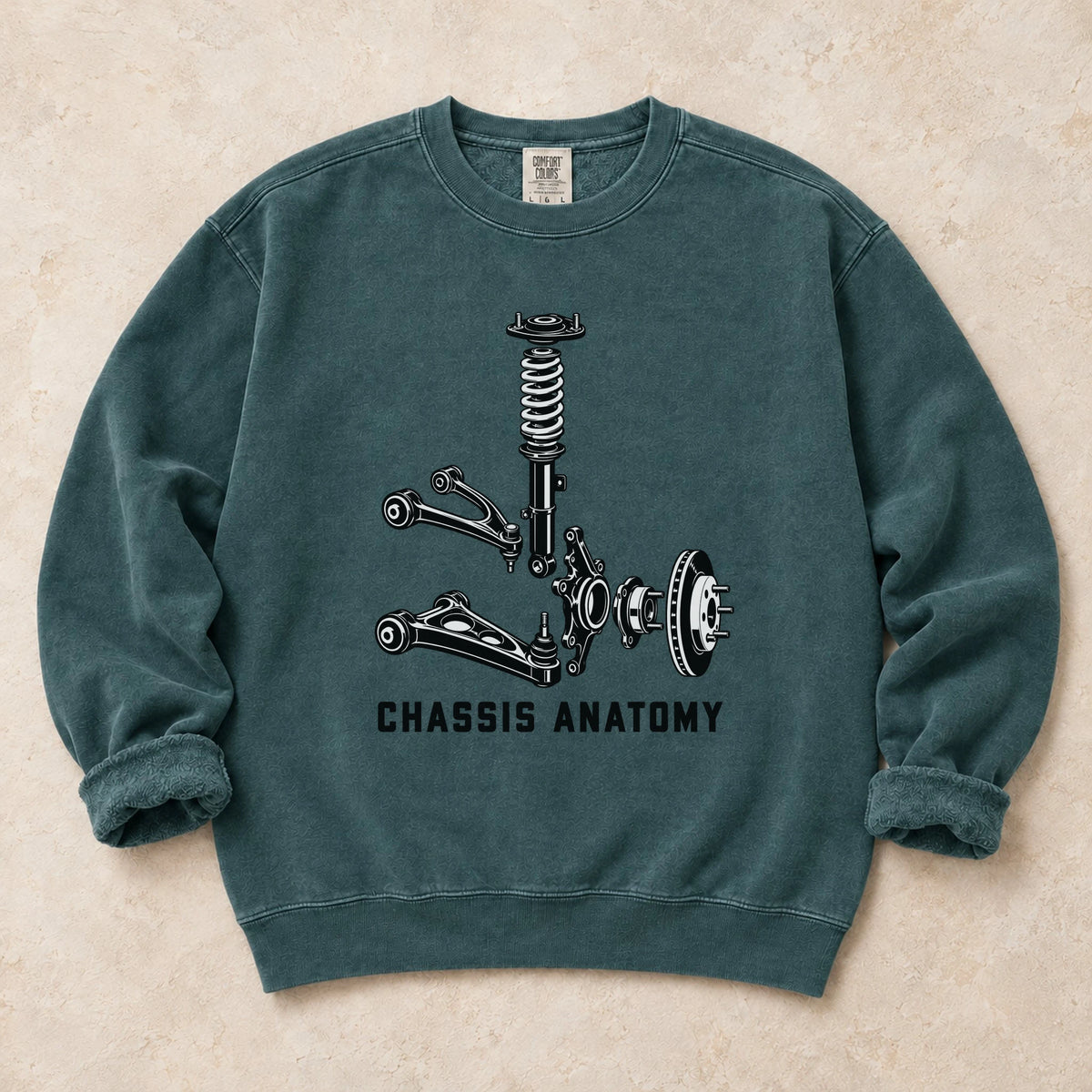 Blue Spruce garment-dyed crewneck sweatshirt with Chassis Anatomy car engineering design