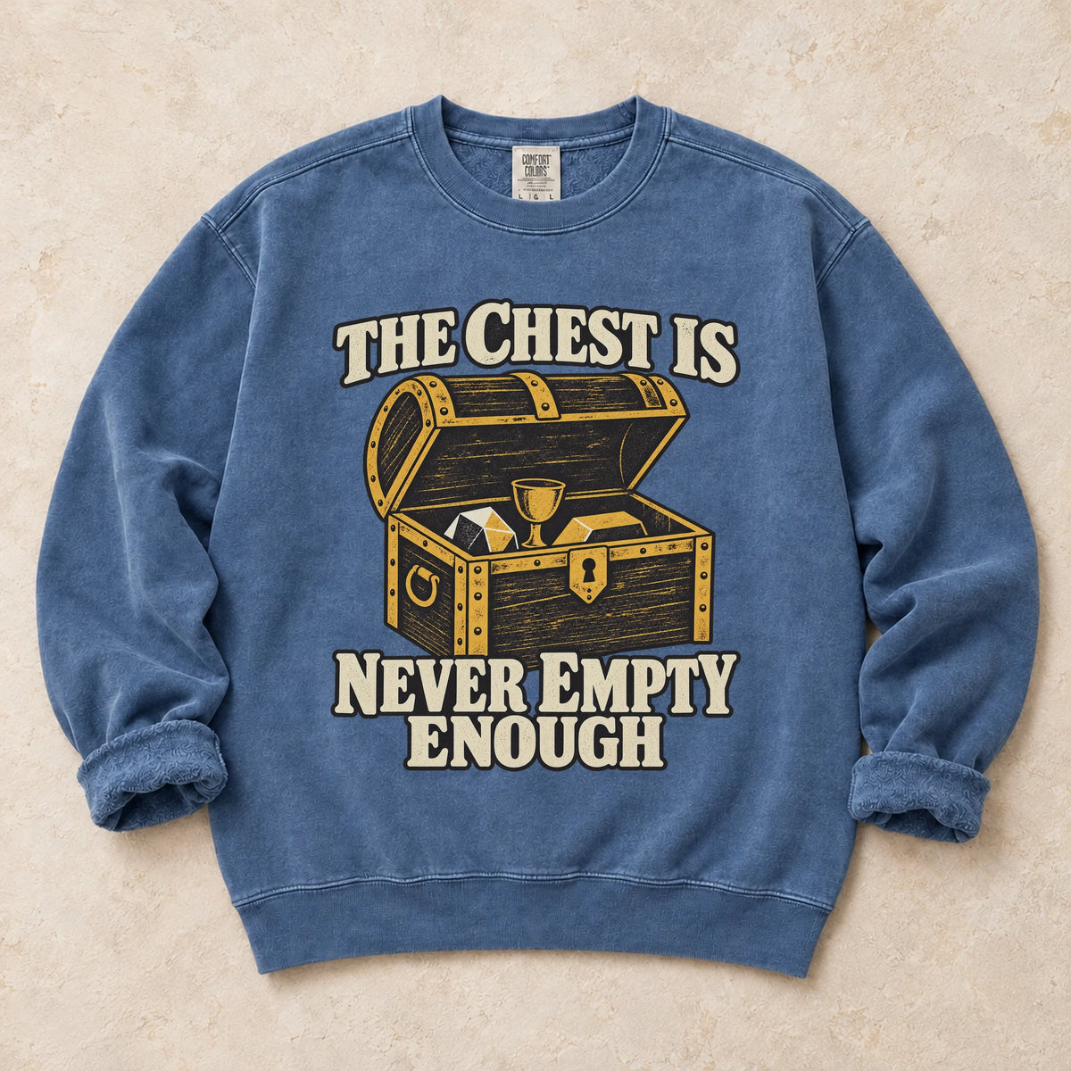 Blue Jean gaming sweatshirt. A treasure-filled chest is never empty enough for a loot collector.