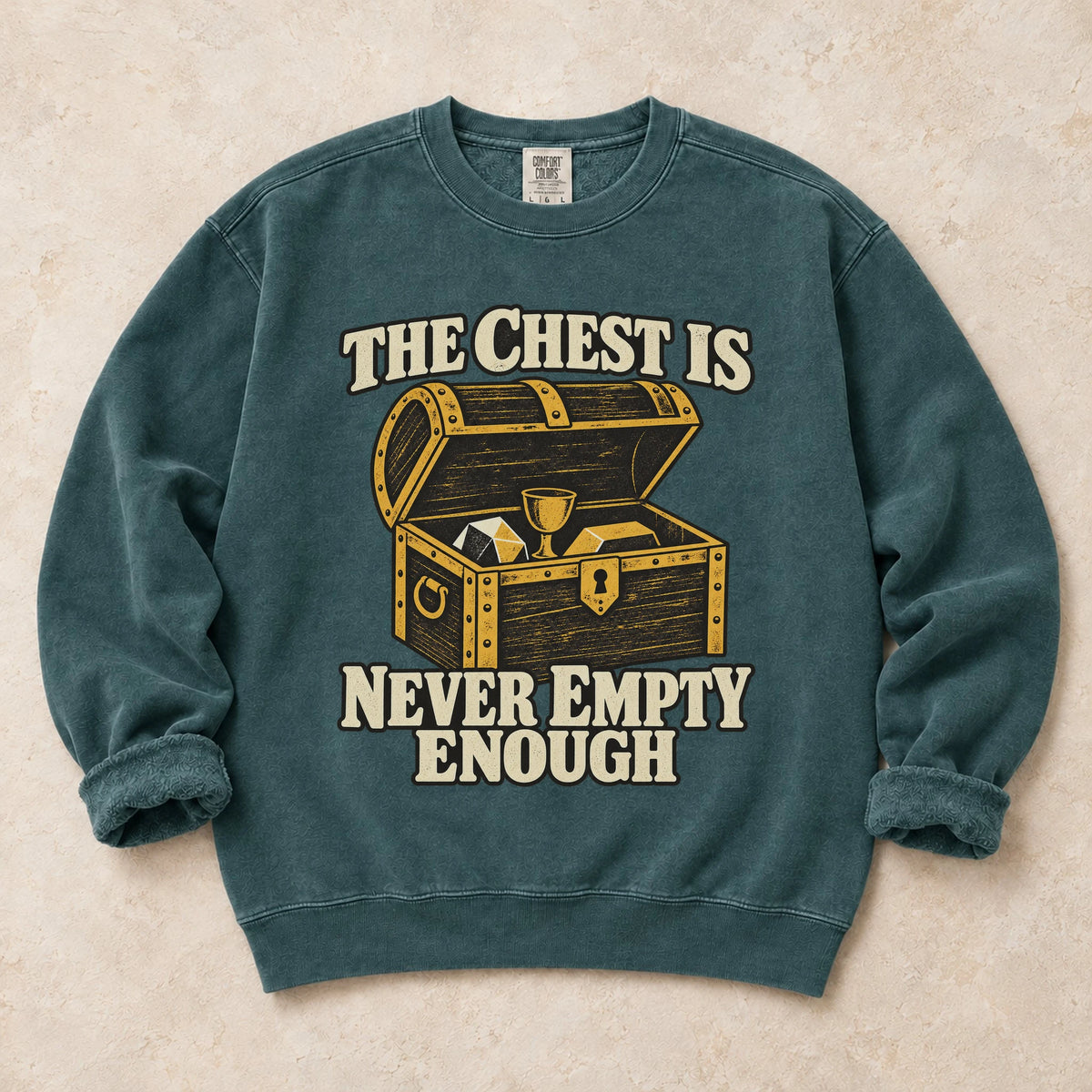 Blue Spruce gaming sweatshirt. A treasure-filled chest is never empty enough for a loot collector.