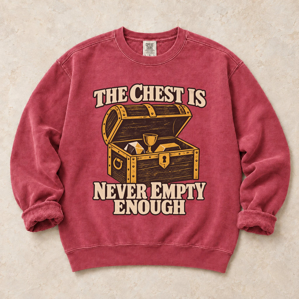 Crimson gaming sweatshirt. A treasure-filled chest is never empty enough for a loot collector.