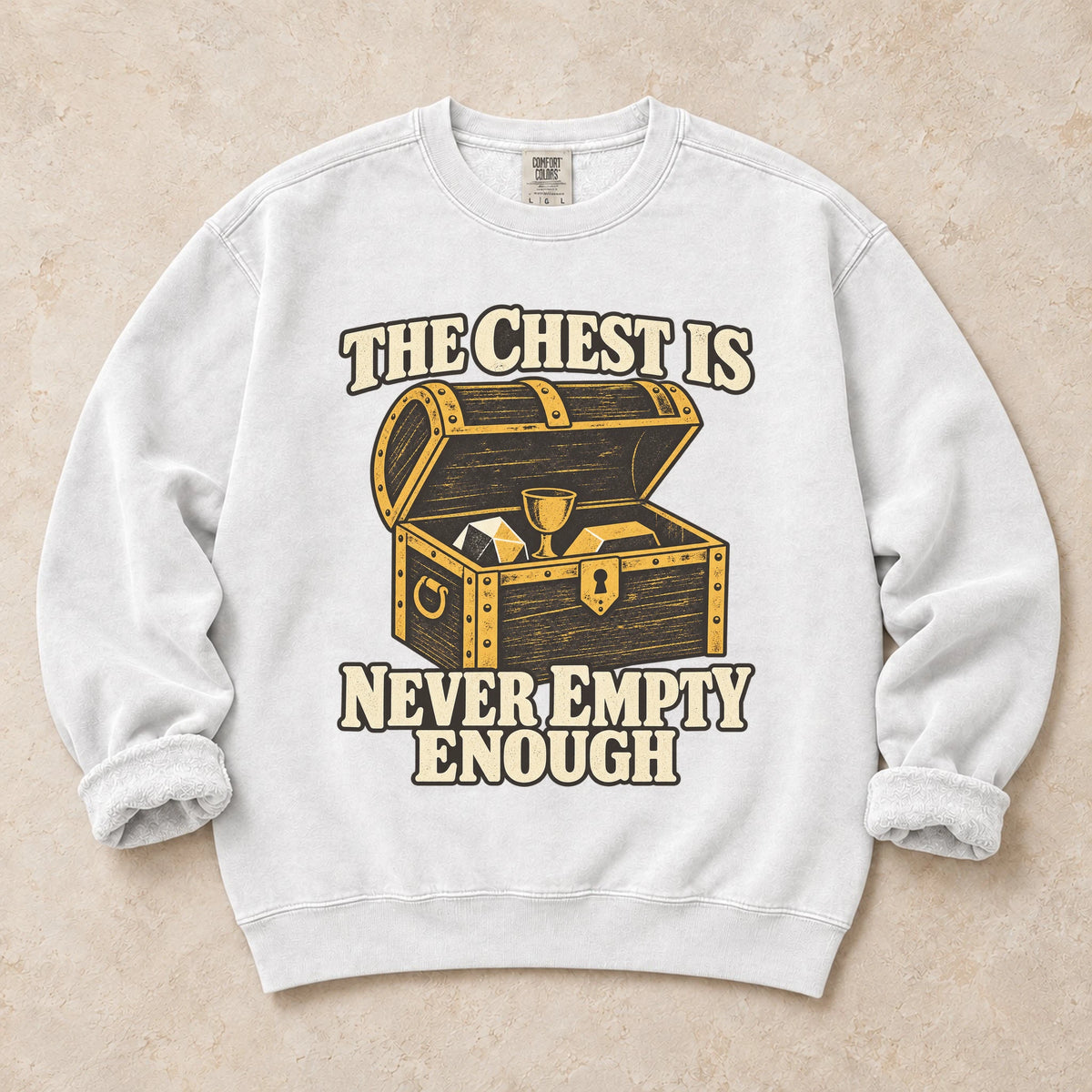 White gaming sweatshirt. A treasure-filled chest is never empty enough for a loot collector.