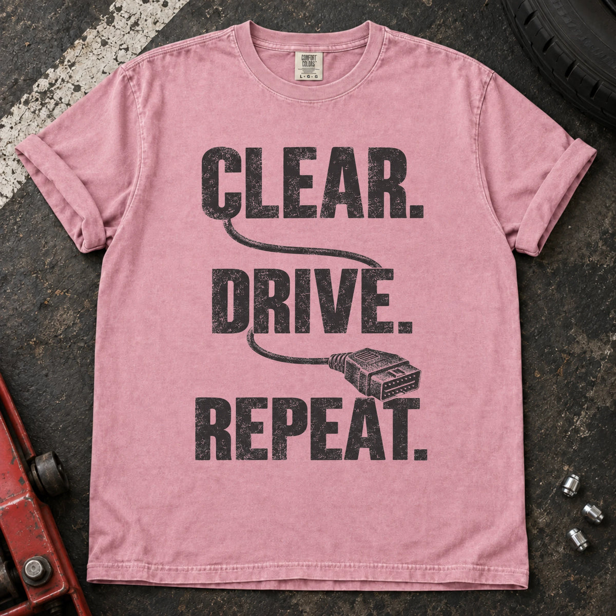 Blossom car enthusiast T-shirt. A diagnostic cable connects clear, drive, repeat.