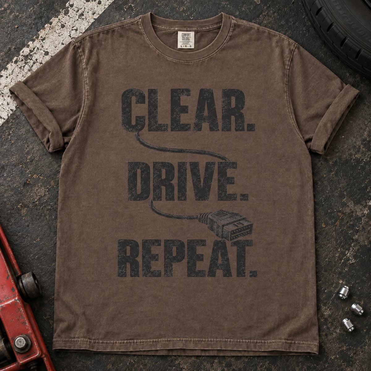 Espresso car enthusiast T-shirt. A diagnostic cable connects clear, drive, repeat.