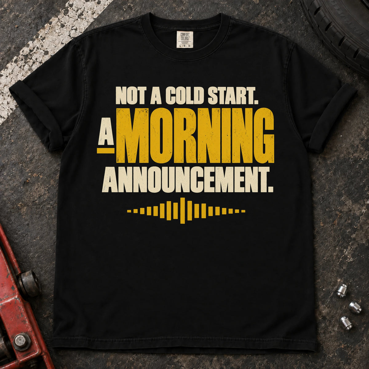 Black car enthusiast T-shirt. A waveform turns a cold start into a morning announcement.